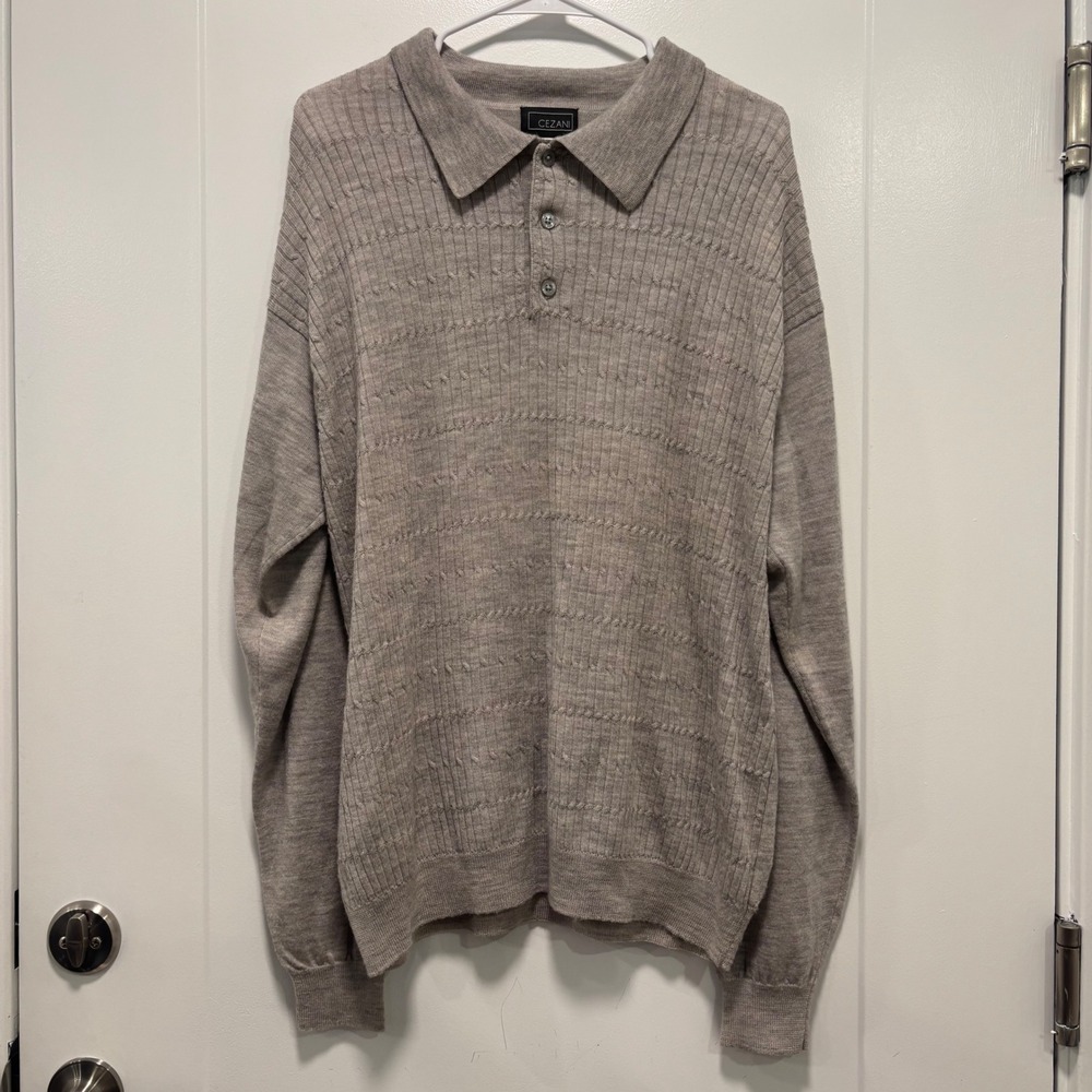 Cezani Mens XL Extra Fine Merino Wool Polo Sweater Gray Knit Long Sleeve UK Made
